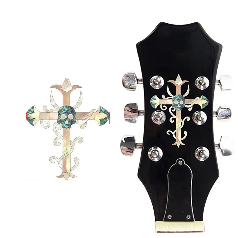 Autocollant de Tête de Guitare Croix du Crâne Nacré - Motif Gothique 60×76 mm