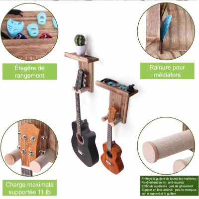 Details complet du Support Mural Guitare Bois avec Étagère de Rangement Intégrée