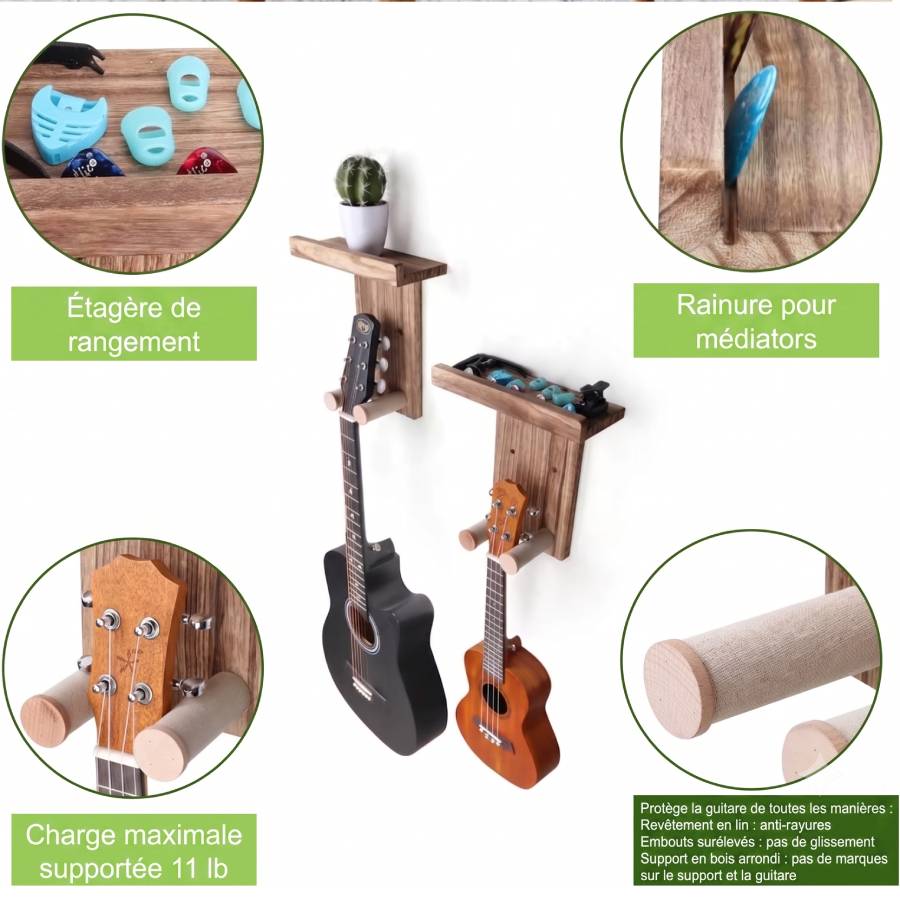 Details complet du Support Mural Guitare Bois avec Étagère de Rangement Intégrée