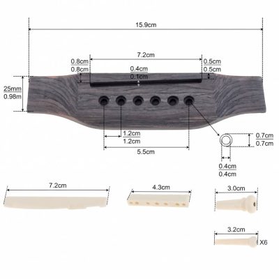 Détatils mesures d u Kit Chevalet Remplacement Guitare Acoustique - Pont en Bois et Sillets Ivoire