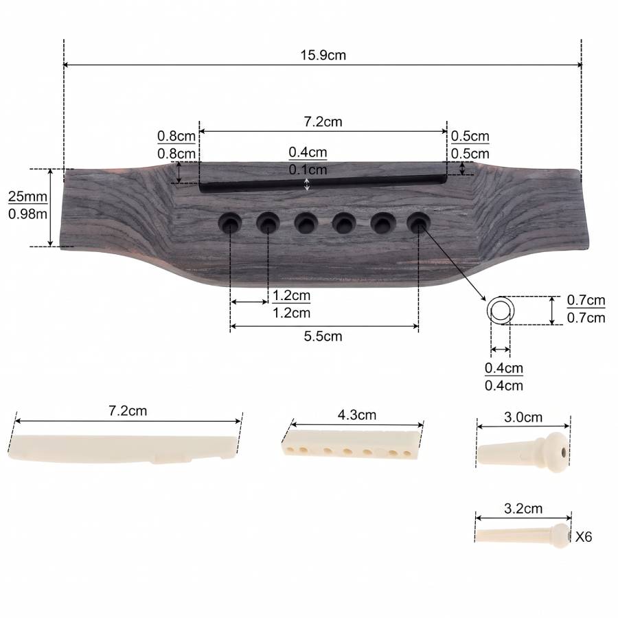 Détatils mesures d u Kit Chevalet Remplacement Guitare Acoustique - Pont en Bois et Sillets Ivoire