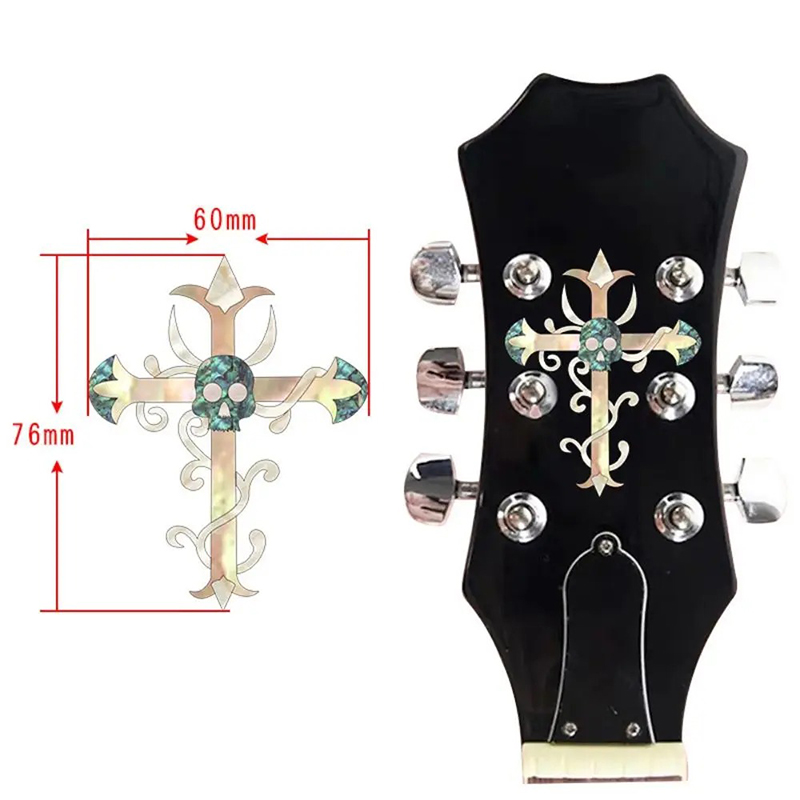 Dimensions Autocollant de Tête de Guitare Croix du Crâne Nacré - Motif Gothique 60×76 mm