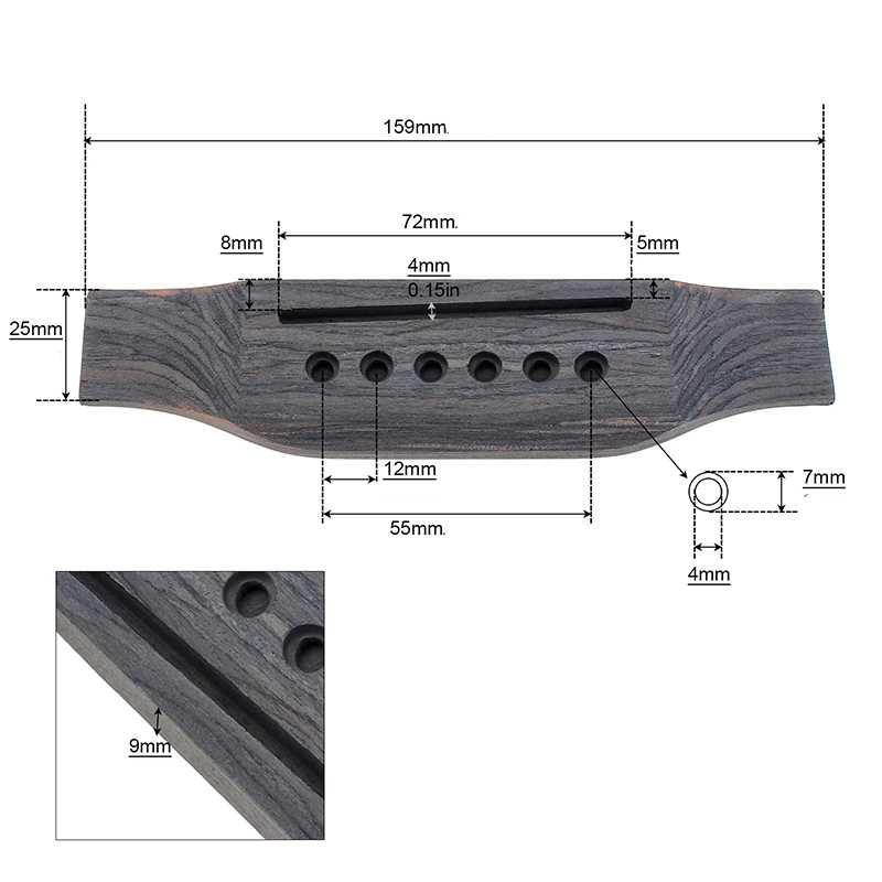 Dimensions Chevalet Guitare Acoustique en Bois - 159 mm - 6 Cordes - Finition Naturelle