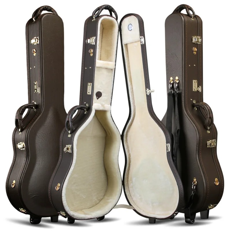 Étui Guitare Acoustique Rigide Similicuir Vintage, Hardshell Case 40-41 Pouces avec Sangles Sac à Dos Couleur Marron