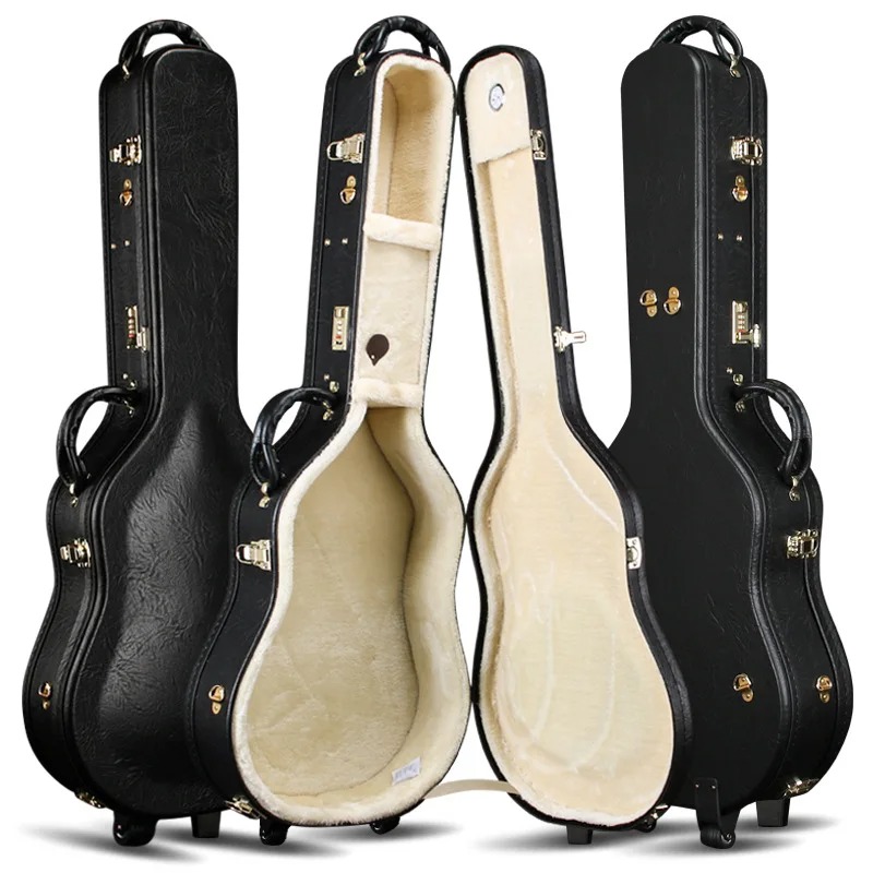 Étui Guitare Acoustique Rigide Similicuir Vintage, Hardshell Case 40-41 Pouces avec Sangles Sac à Dos Couleur Noir