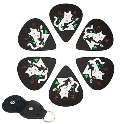 Lot de 6 Plectres Guitare (Médiators) Motif Chat, avec Étui Porte-clés Porte-Plectre, pour Guitare Électrique Acoustique Basse