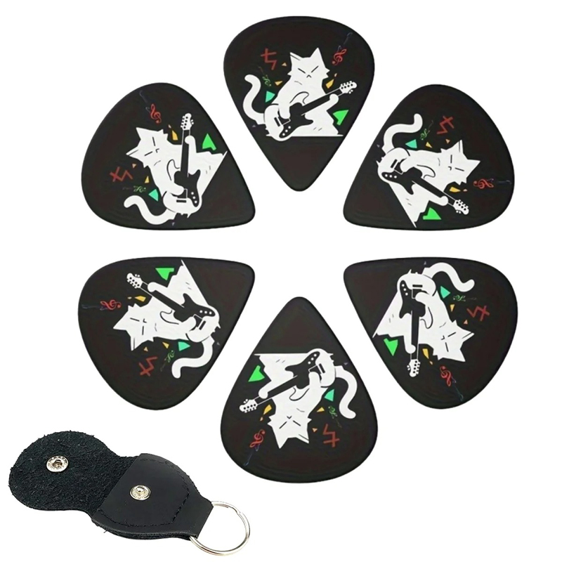 Lot de 6 Plectres Guitare (Médiators) Motif Chat, avec Étui Porte-clés Porte-Plectre, pour Guitare Électrique Acoustique Basse