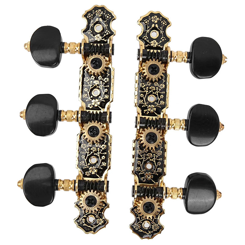 Mécaniques Guitare Classique Vintage Noir et Or - Motifs Floraux Gravés