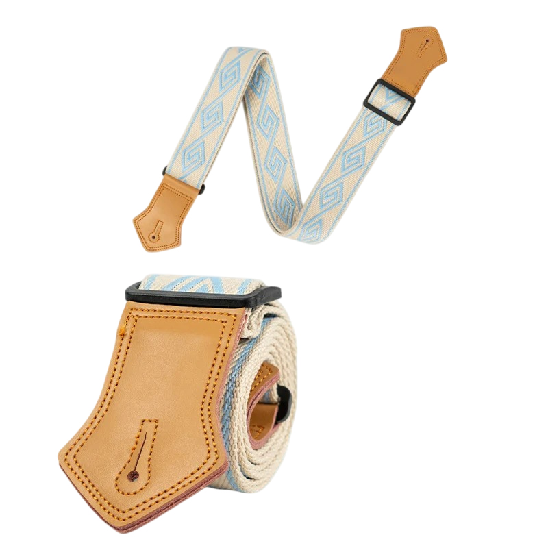 Sangle Guitare Vintage Tissée, Coton et Cuir, Réglable Motif Boho Bleu Ciel pour Guitare Acoustique Électrique