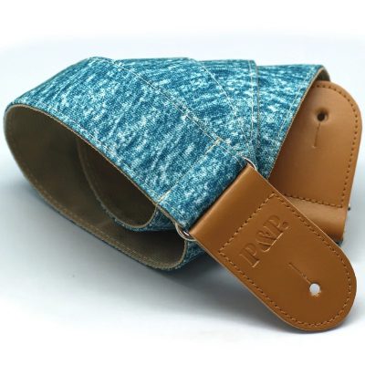 Sangle de Guitare Classique Collection Lin Naturel & Cuir Tan Couleur bleu Clair
