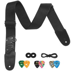 Sangle de Guitare Noire Kit Complet du Guitariste – avec 5 Médiators & Accessoires