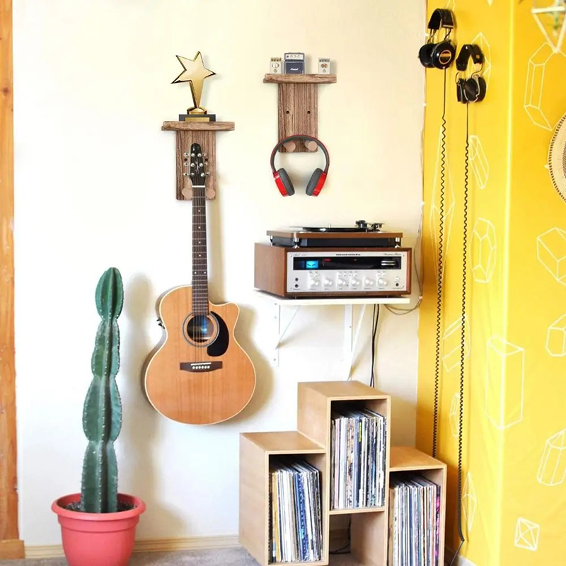 Support Mural Guitare Bois avec Étagère de Rangement Intégrée