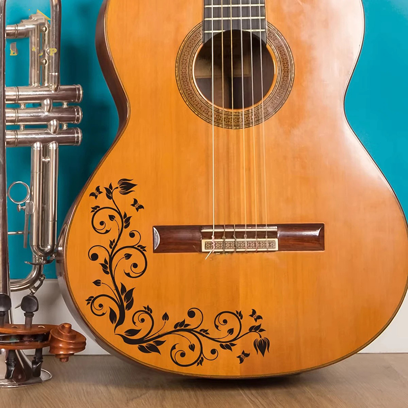 Vue de Face Sticker Décoratif pour Guitare - Motif Floral Élégant Noir !