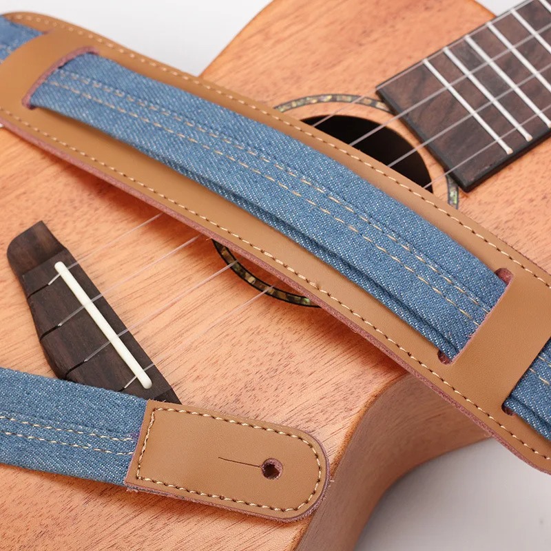 Vue detaille Sangle Ukulélé Denim & Cuir “Vintage Océan”