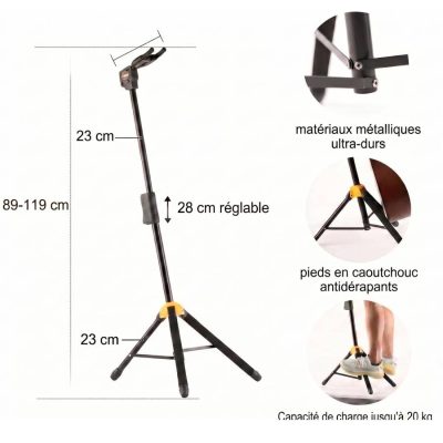 Détails techniques du Support de Guitare Professionnel Trépied Réglable à Verrouillage par Gravité