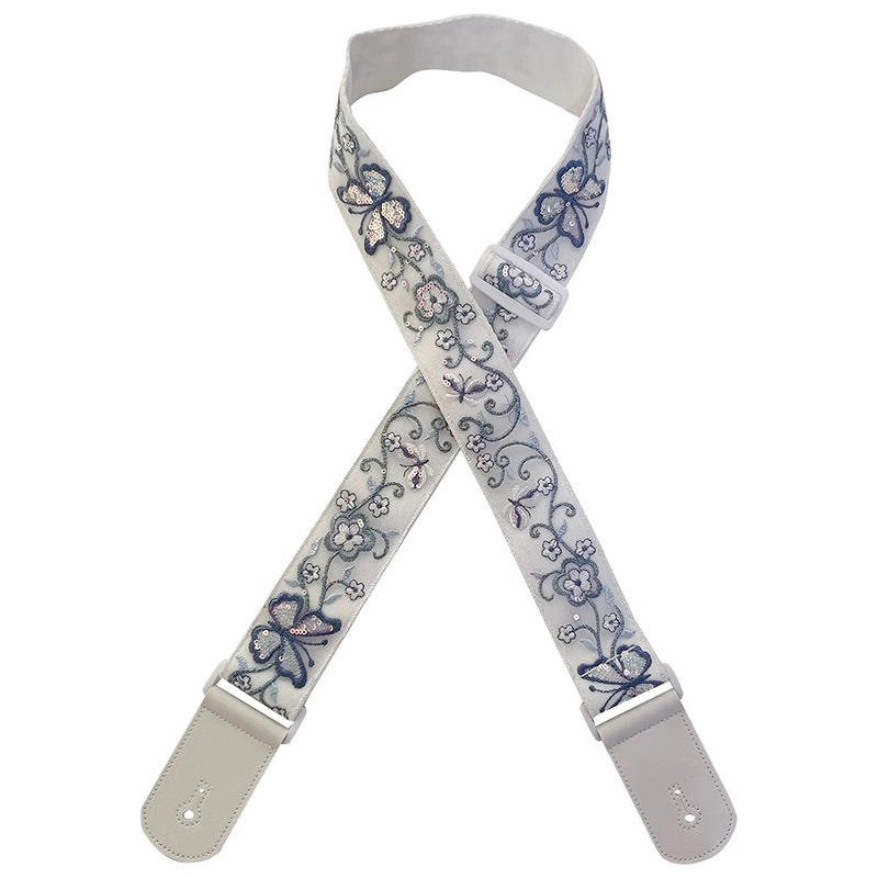 Sangle Guitare Papillons & Fleurs Brise Bleutée Ivoire