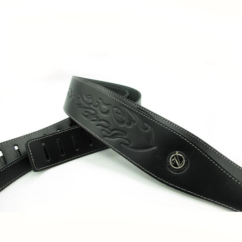 Sangle de guitare ou basse en cuir de vache noir motif flamme sclpté flamme couleur noir