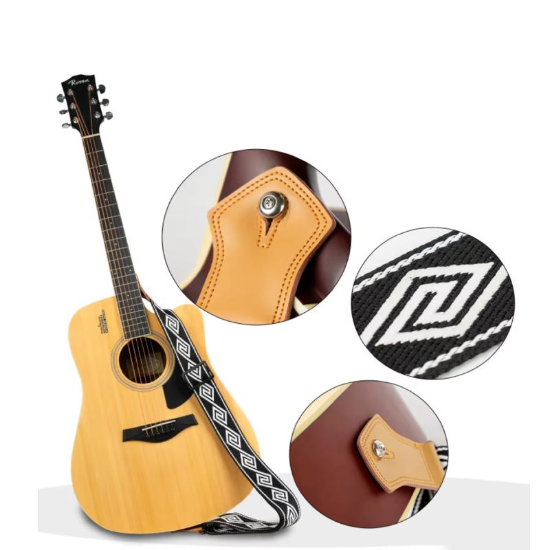 Détails de la Sangle Guitare Vintage Tissée, Coton et Cuir, Réglable Motif Boho Noir et Blanc pour Guitare Acoustique Électrique