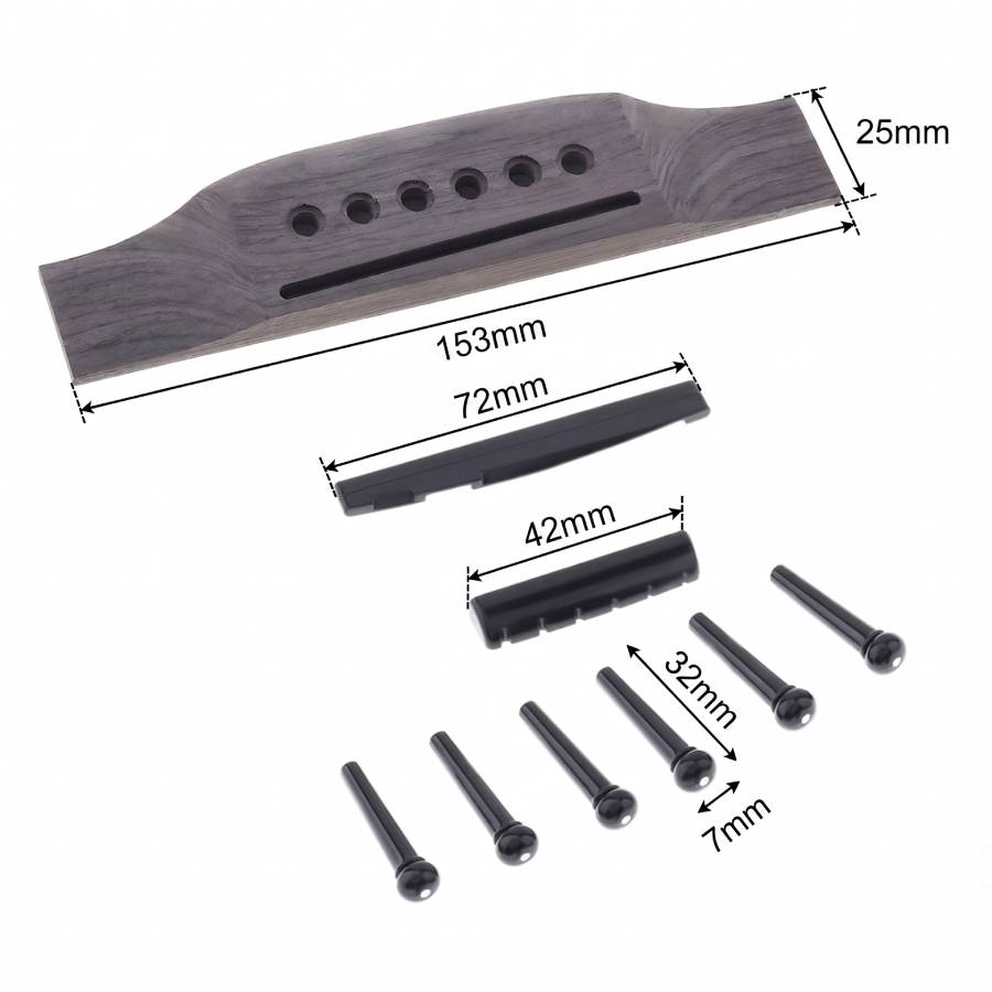 Détails mesures Kit Chevalet Complet pour Guitare Acoustique - Pont, Sillets et Chevilles Noires