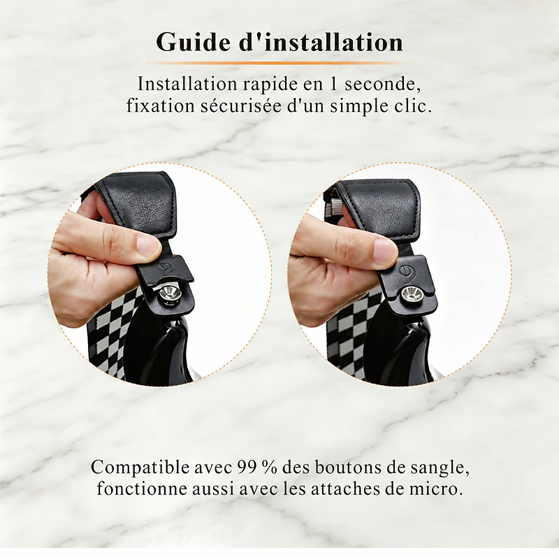 Installation de l'attache rapide auto-lock de la sangle Damier Rock sur le bouton de sangle d'une guitare