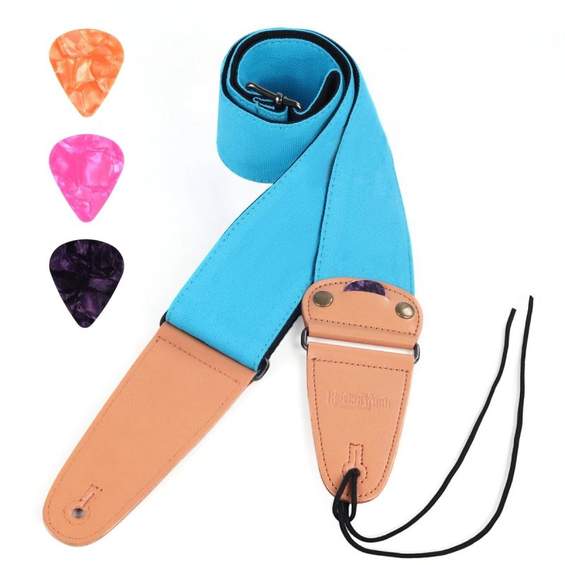 Sangle guitare en coton Cotton Pick bleue avec embouts camel, lacet et médiators