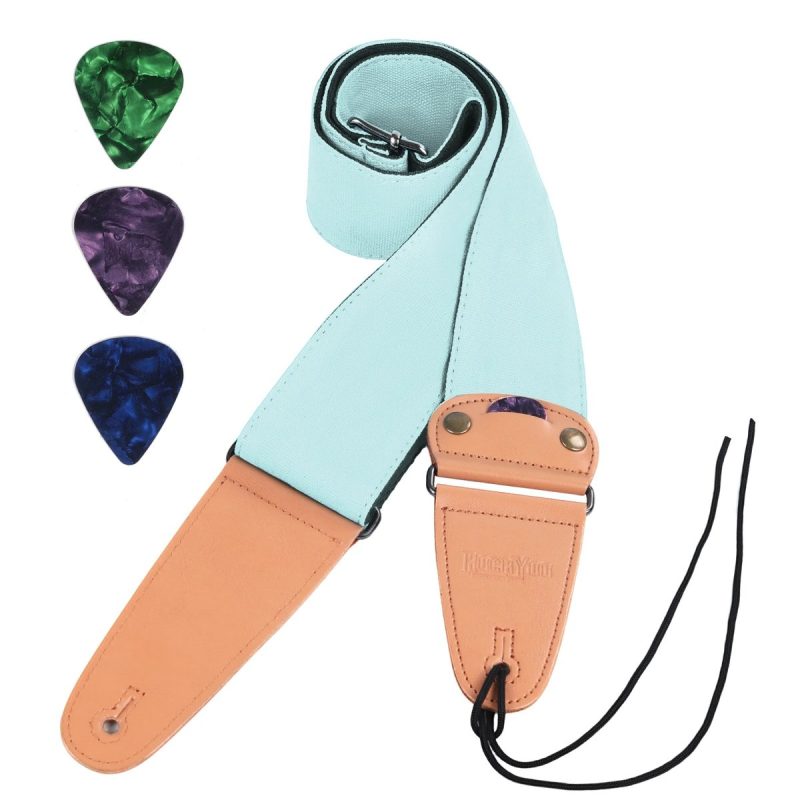 Sangle guitare en coton Cotton Pick bleu ciel avec embouts camel, lacet et médiators