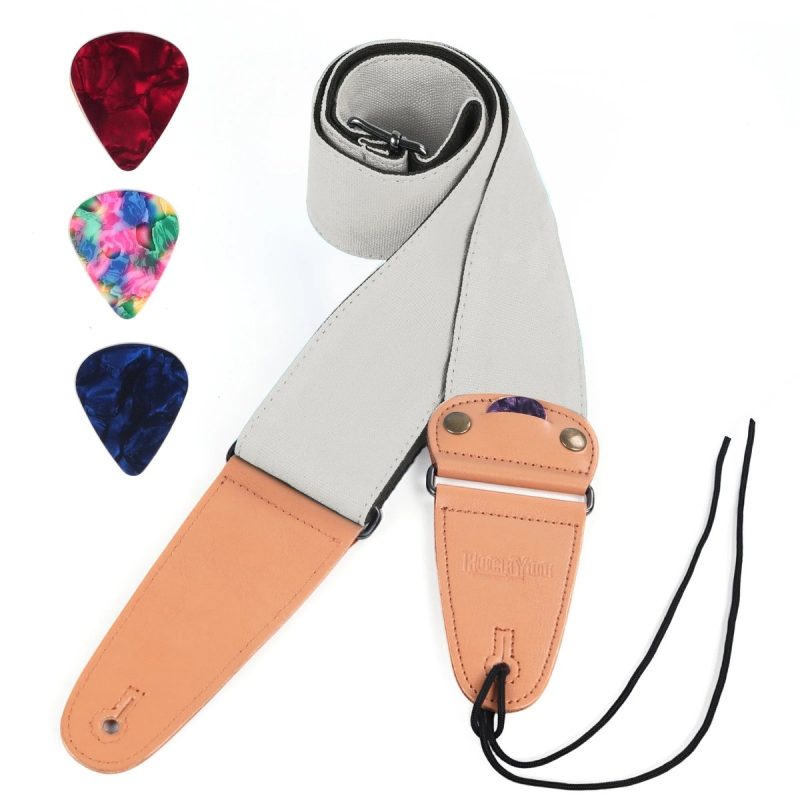 Sangle guitare en coton Cotton Pick crème avec embouts camel, lacet et médiators