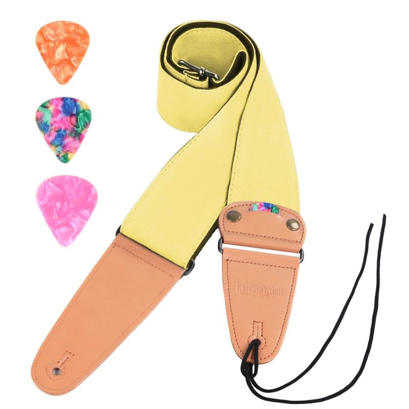 Sangle guitare en coton Cotton Pick jaune avec embouts camel, lacet et médiators