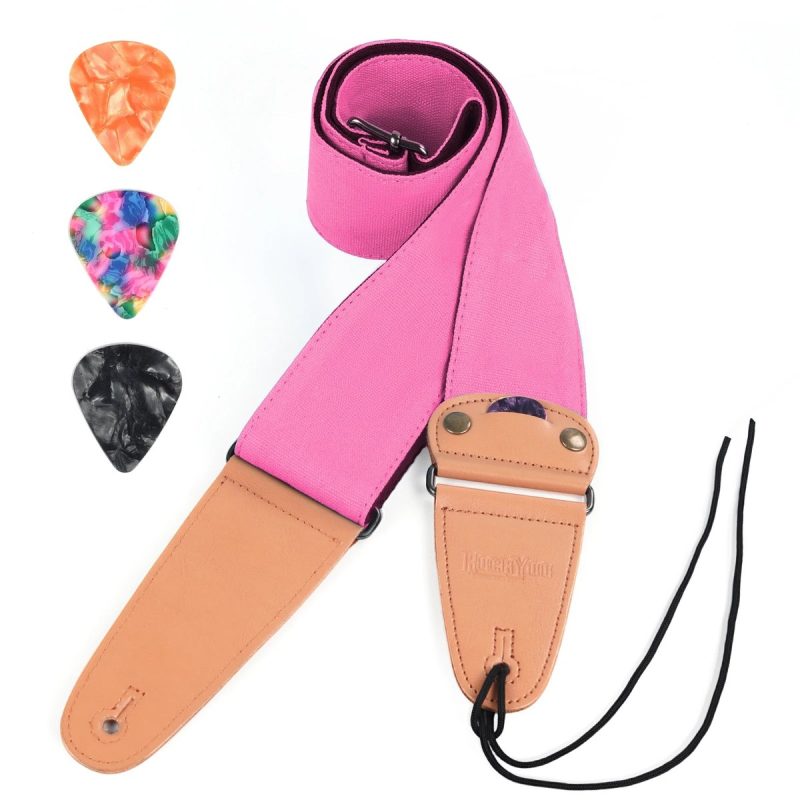 Sangle guitare en coton Cotton Pick rose avec embouts camel, lacet et médiators