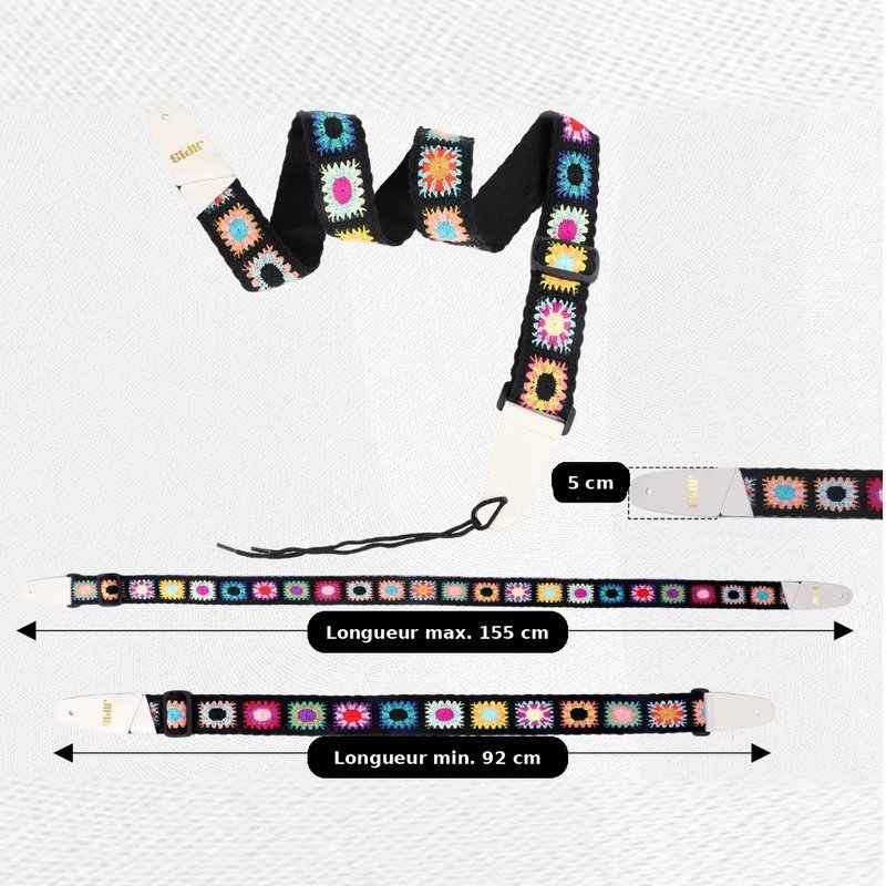 Sangle guitare Crochet Flower réglable de 92 à 155 cm, largeur 5 cm, avec lacet