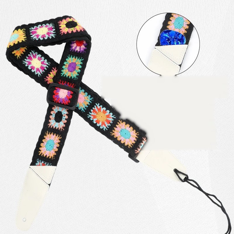 Sangle guitare Crochet Flower Modèle 1 Granny Noir, carrés de fleurs multicolores au crochet sur fond noir