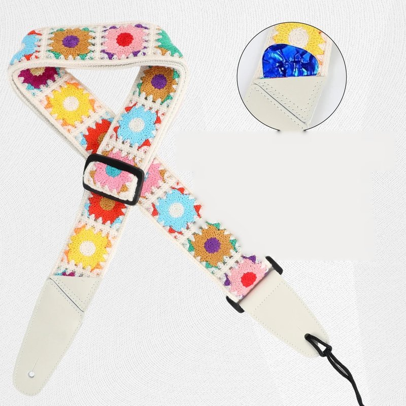 Sangle guitare Crochet Flower Modèle 3 Tournesols, grandes fleurs colorées au crochet sur fond crème