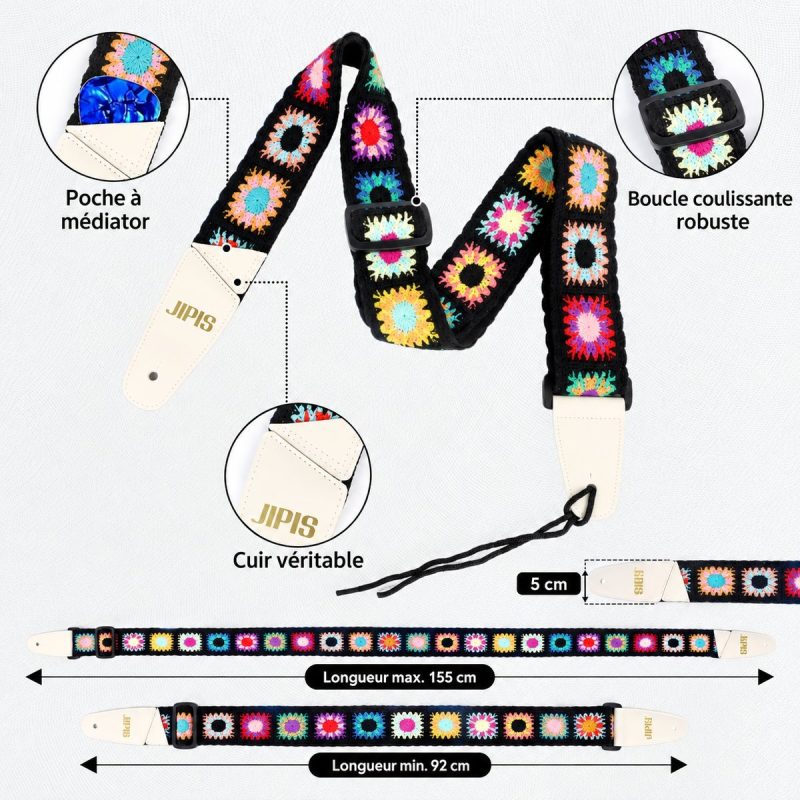 Sangle guitare Crochet Flower avec poche à médiator, boucle coulissante, embouts crème, 5 cm de large, réglable de 92 à 155 cm