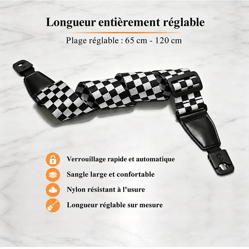 Sangle guitare damier noir et blanc à longueur réglable de 65 à 120 cm avec attaches auto-lock