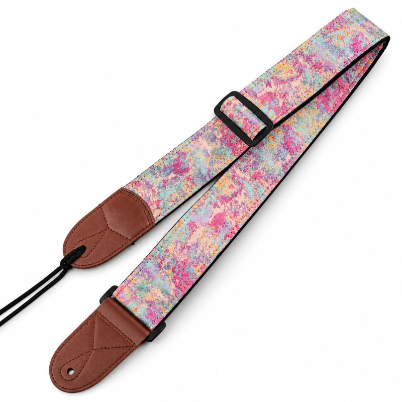 Sangle guitare jacquard Palette d'Artiste avec boucle de réglage, embouts en simili cuir et lacet