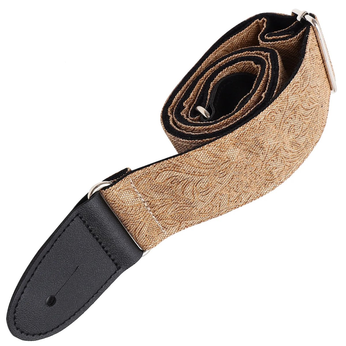 Sangle guitare Paisley Sable enroulée montrant le motif cachemire beige et la doublure noire