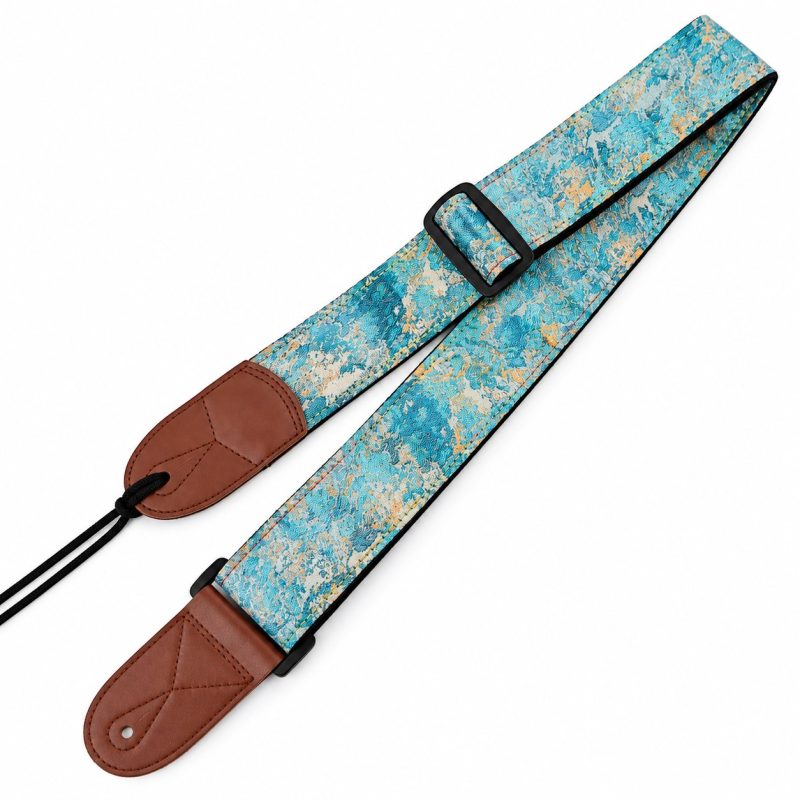 Sangle guitare jacquard Palette d'Artiste coloris Bleu Brume, bleu ciel, gris et orangé