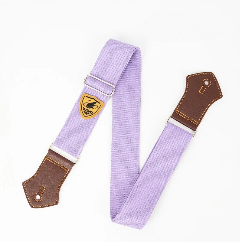 Sangle guitare unie Palette Pop coloris violet lilas avec embouts en simili cuir brun