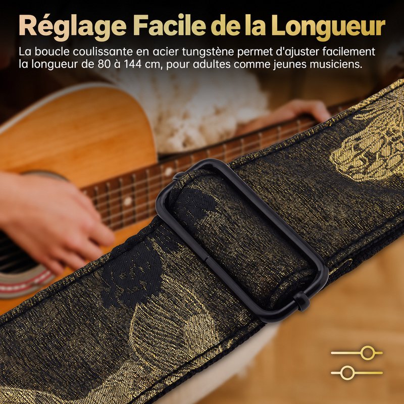 Boucle de réglage noire de la sangle guitare Papillon d'Or, longueur réglable de 80 à 144 cm