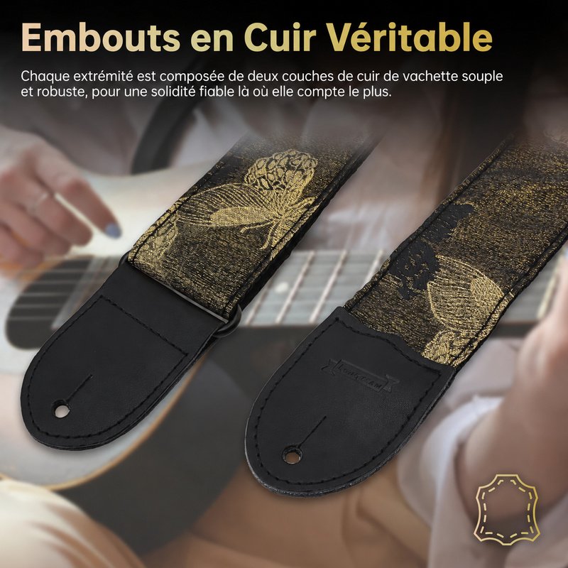 Extrémités en cuir noir surpiquées de la sangle guitare Papillon d'Or