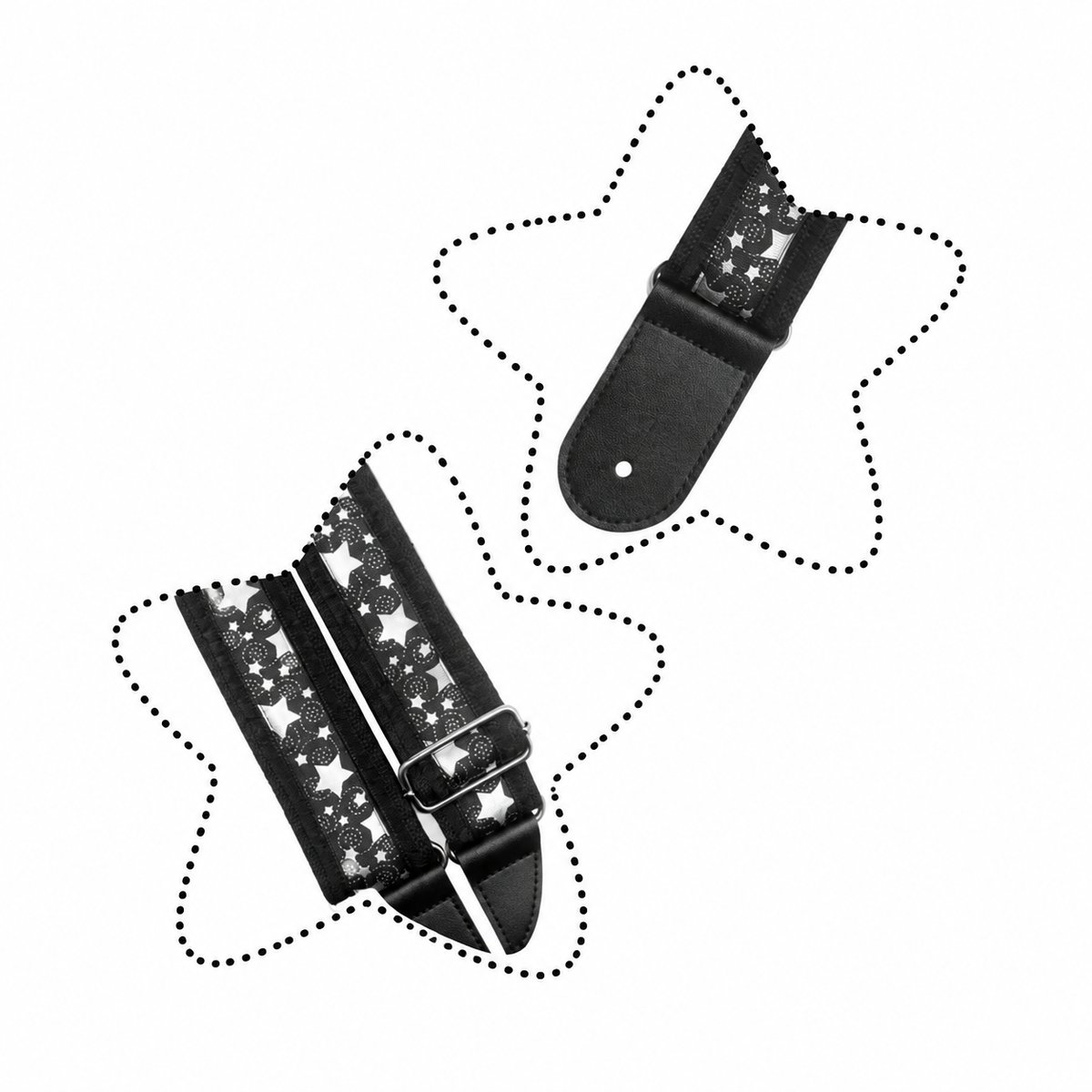 Embouts en simili cuir noir et boucle de réglage de la sangle guitare étoilée Silver Night