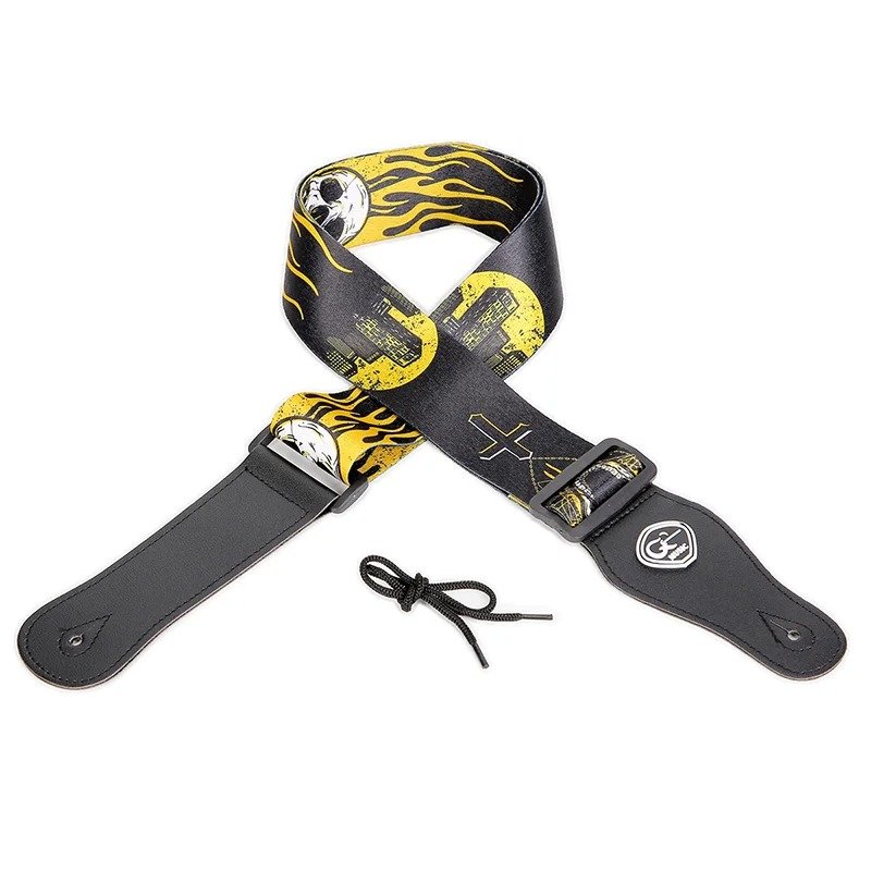 Sangle guitare tête de mort Hellfire, crâne en flammes jaunes sur fond noir, avec lacet