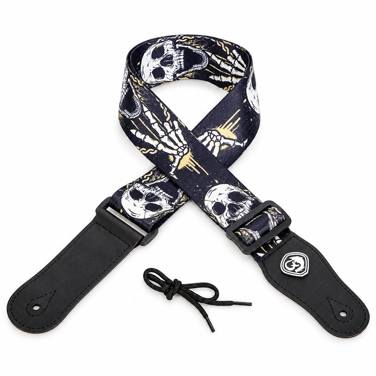 Sangle guitare tête de mort Skeleton Rock, crânes et mains de squelette blancs et dorés sur fond noir, avec lacet