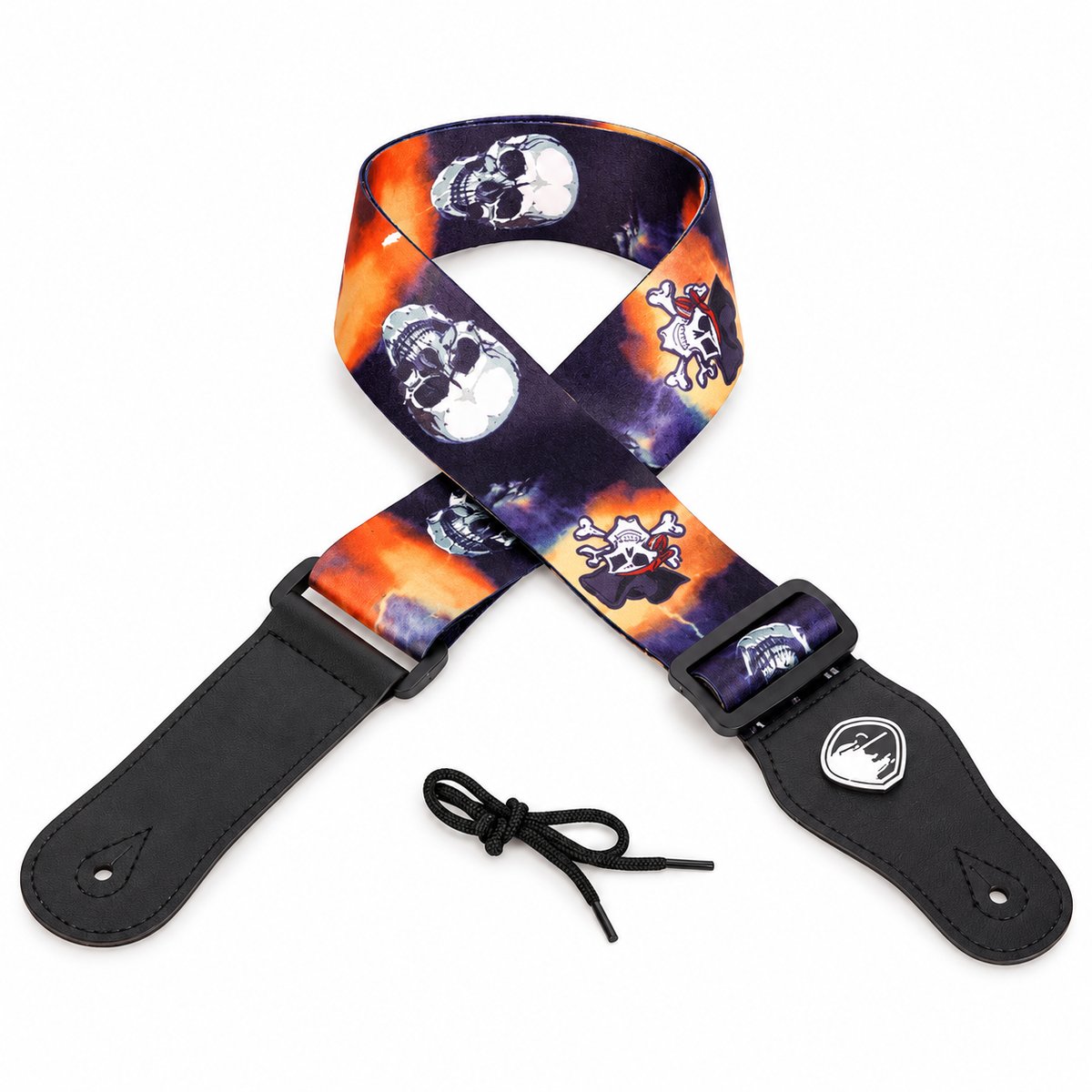 Sangle guitare tête de mort Skull Inferno, crânes blancs et pirates sur ciel orange et violet, avec lacet