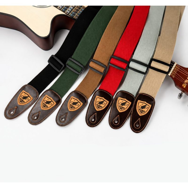 Les 6 coloris de la sangle guitare toile et cuir Heritage : noir, kaki, marron, rouge, vert clair et beige