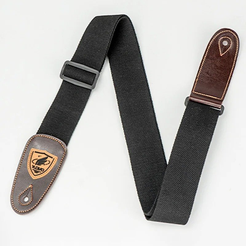 Sangle guitare en toile noire et embouts en cuir brun Heritage