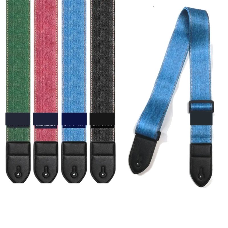Les 4 coloris de la sangle guitare vintage Blue Jeans effet denim délavé : vert, rouge, bleu et noir