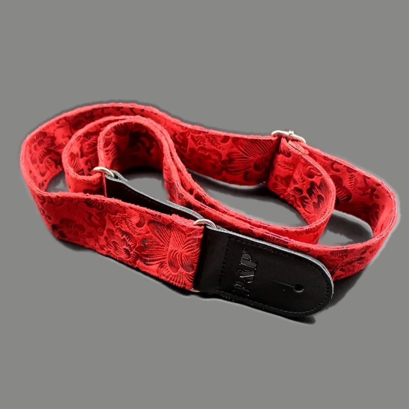 Sangle guitare vintage Wild Flowers rouge à motif floral estampé et embouts noirs