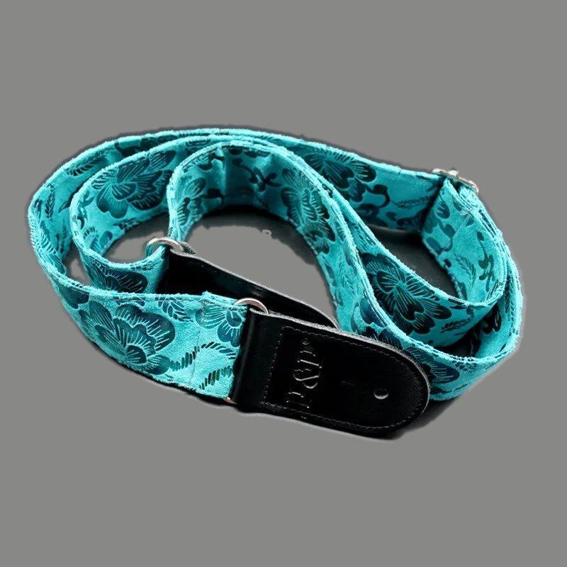 Sangle guitare vintage Wild Flowers turquoise à motif floral estampé et embouts noirs