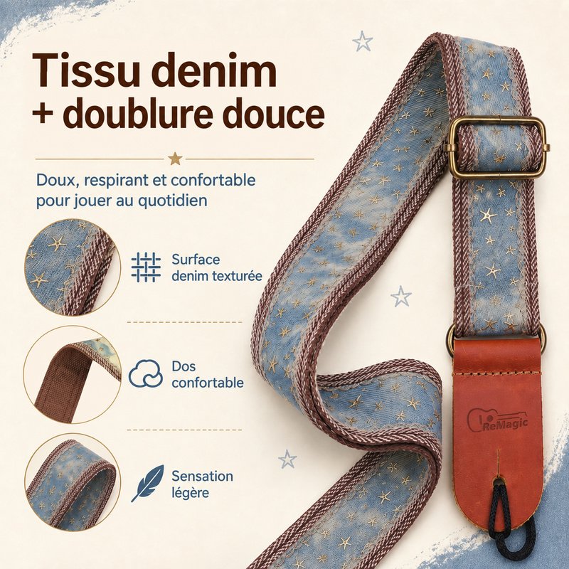 Sangle ukulélé en denim avec doublure douce, boucle bronze et embout en cuir